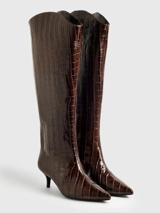 SCHUTZ Shoes - Schutz Maryana Lo Wide Crocodile Pointed Toe Boots in Dark Choco  ($278)